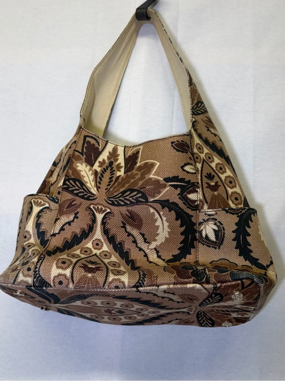 Spartina 449 shoulder hobo‎ bag brown and black botanical tapestry design.